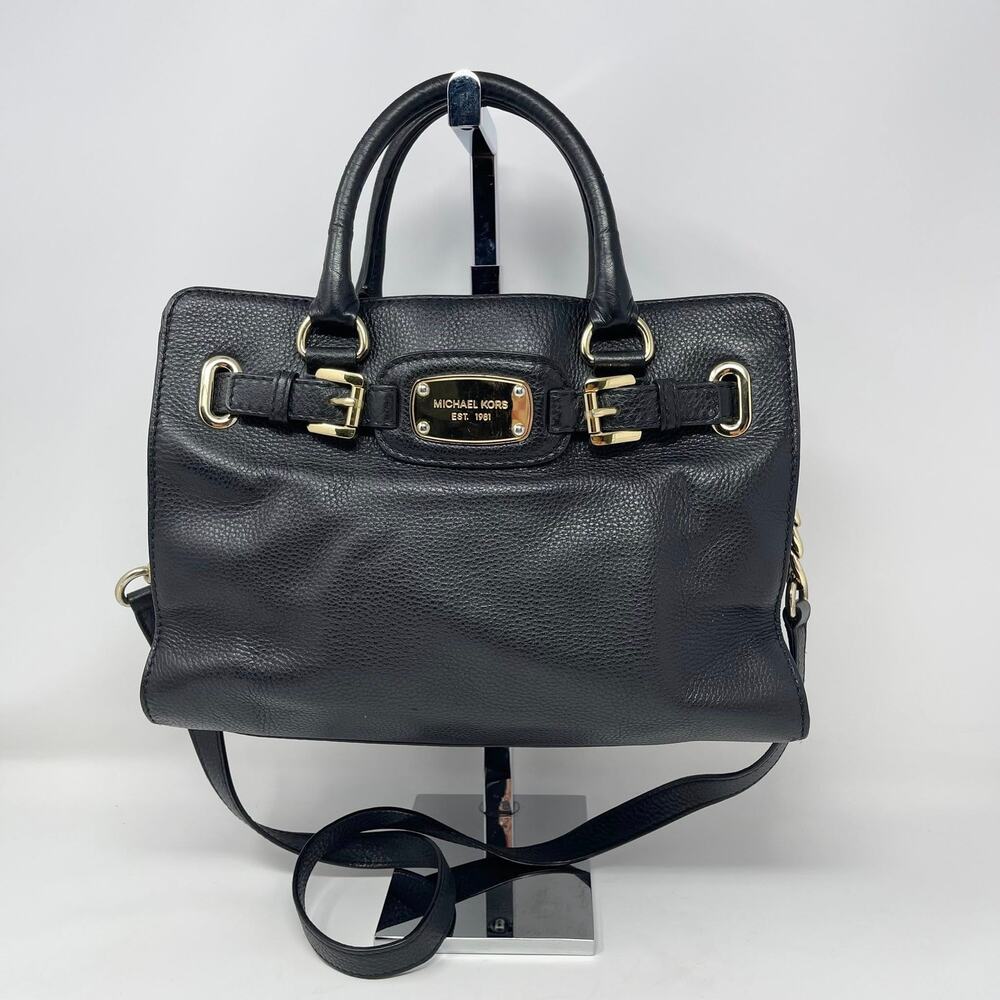 Michael Kors Hamilton Crossbody Bag Black Leather Gold Chain Accents Old Money